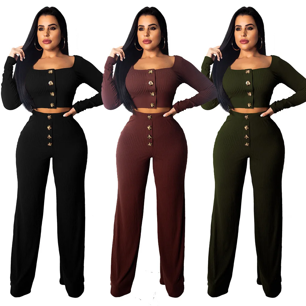 

Autumn Women Clothing Long Sleeve Tops and Pants Two Piece Sets Plus Size Casual Knit Adults Solid Plain Dyed Support Button