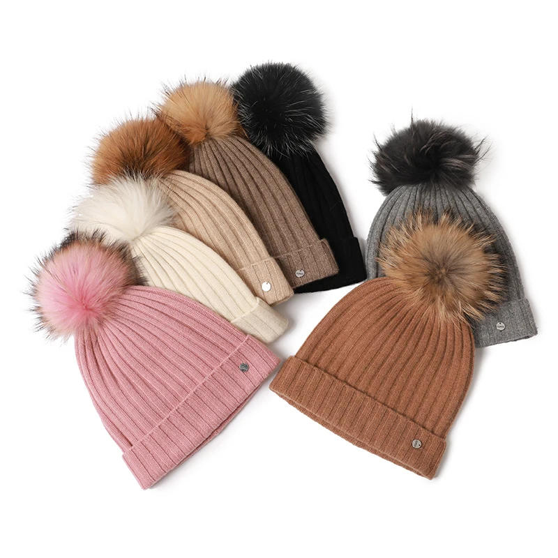 100% Cashmere Custom Women Winter Hat Luxury Cute Knit Beanie Caps With Custom logo