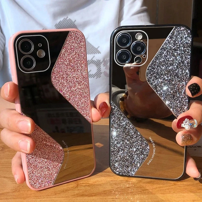 

Fashion S type Camera Protect Make Up Mirror Glitter Phone Case For iPhone 11 12 mini Pro XR XS Max Girls
