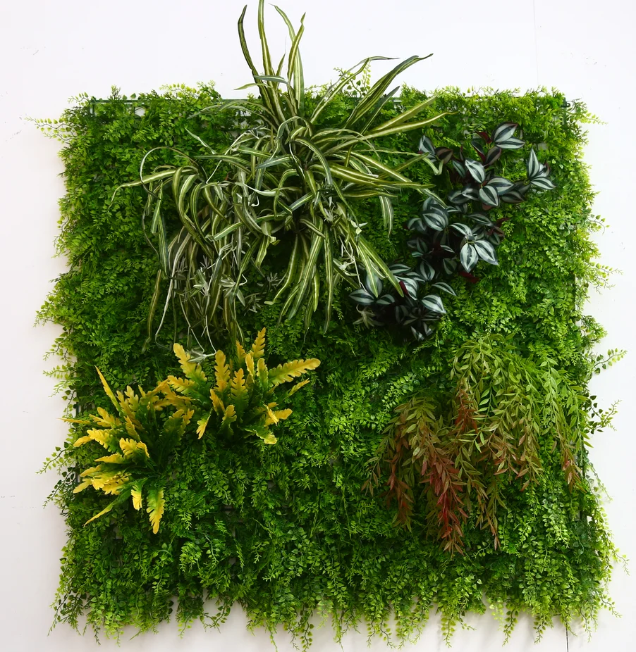 

Home Decor Wall 100x100 cm Different Types Leaves Custom Plastic Artificial Ferns Hanging Plants Green Moss Wall Garden Vertical