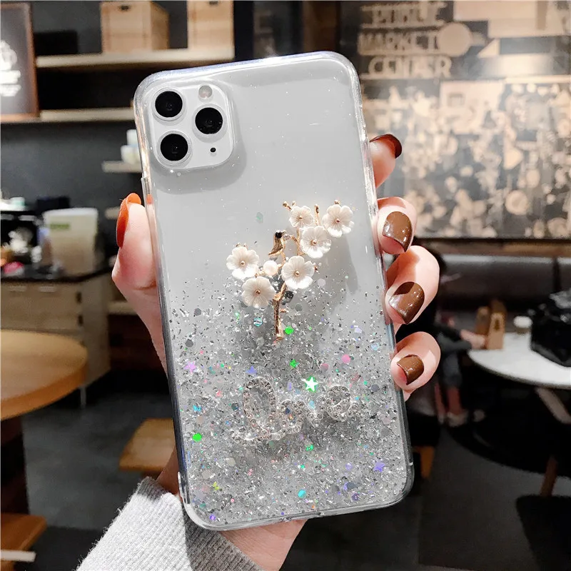 

3D Flower Glitter Star Case for IPhone 11 12 Pro 12Pro 11Pro Max XS X XR Mini 7 8 Plus SE 2020 Shining Sequin Cover Coque Fundas
