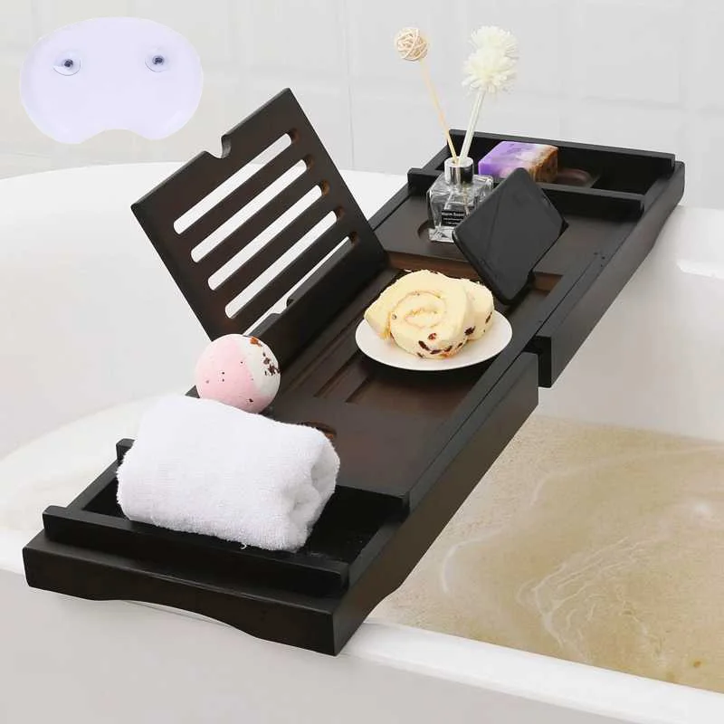 

Luxury Extendable Bathtub Caddy Tray with Book and Wine Holder, Bamboo Wood Bathroom Organizer Bed Tray Free Soap Gray, Natural