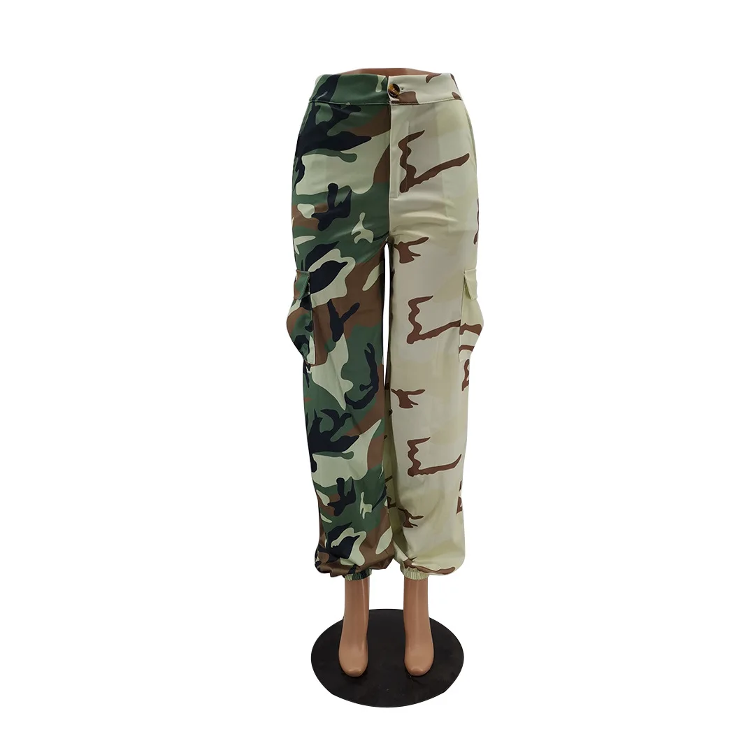 Hot Style Wide Leg  High Waist Woman Big Pocket Casual Military Trousers  Cargo Camouflage Pants