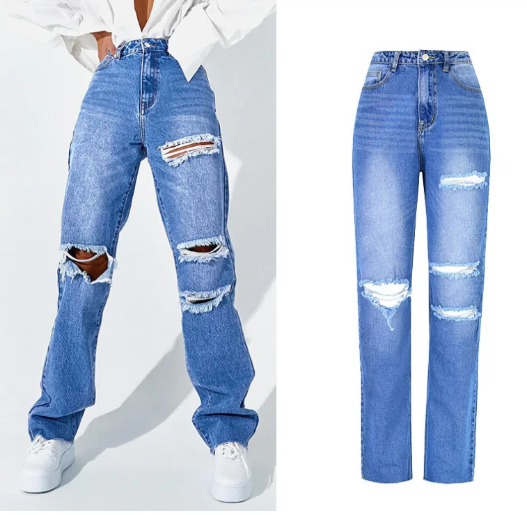 

Ins trends fashion boyfriend custom women mom ripped jeans for sales wide leg fashion ladies denim high waist pants, Light blue,dark blue, gray color,customized color