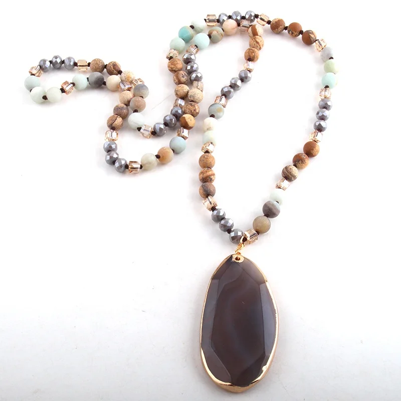 

Women 8mm Frost Tiger eye Amazonite natural Stone Necklace Gemstone Long Knotted Irregular Druzy Pendant Necklace