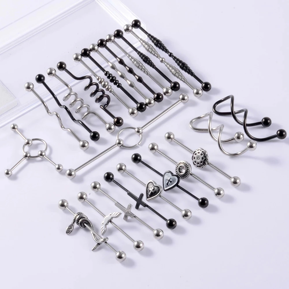 

New 14g Multiple Styles Stainless Steel Heart Cross Black Long Straight Cartilage Barbell Bar Industrial Piercing Jewelry