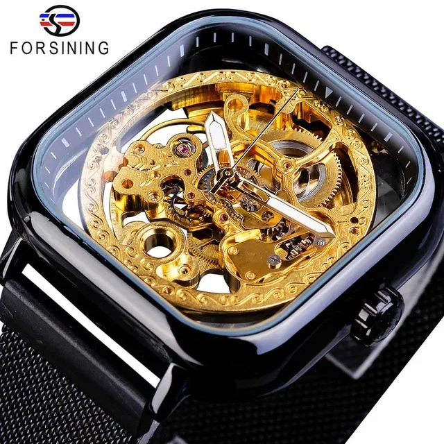 

Forsining Watch Mens Fashion Square Slim Mesh Steel Band Watches Analog Automatic Mechanical Skeleton Men Clock Relojes Hombre, 5-colors