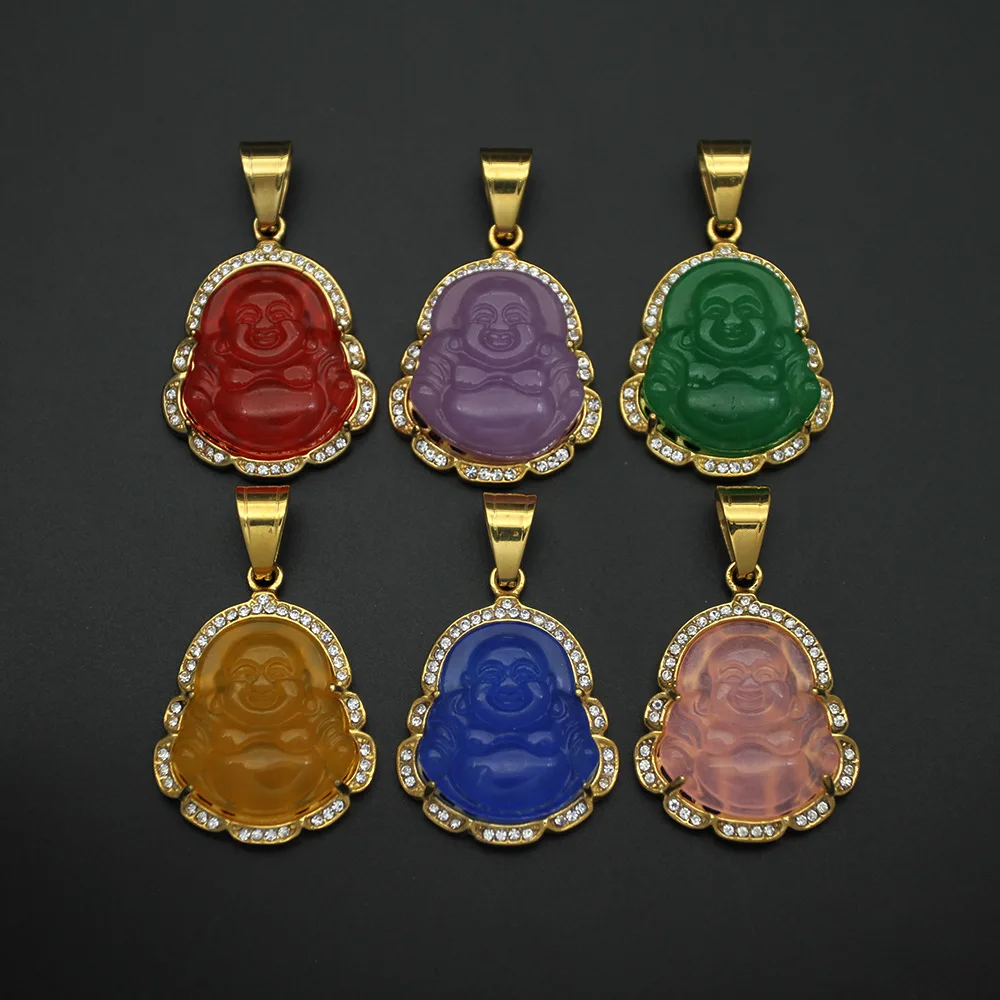 

European Multi Color Stainless Steel Diamond Malay Chalcedony Big Belly Maitreya Buddha Pendant Necklace