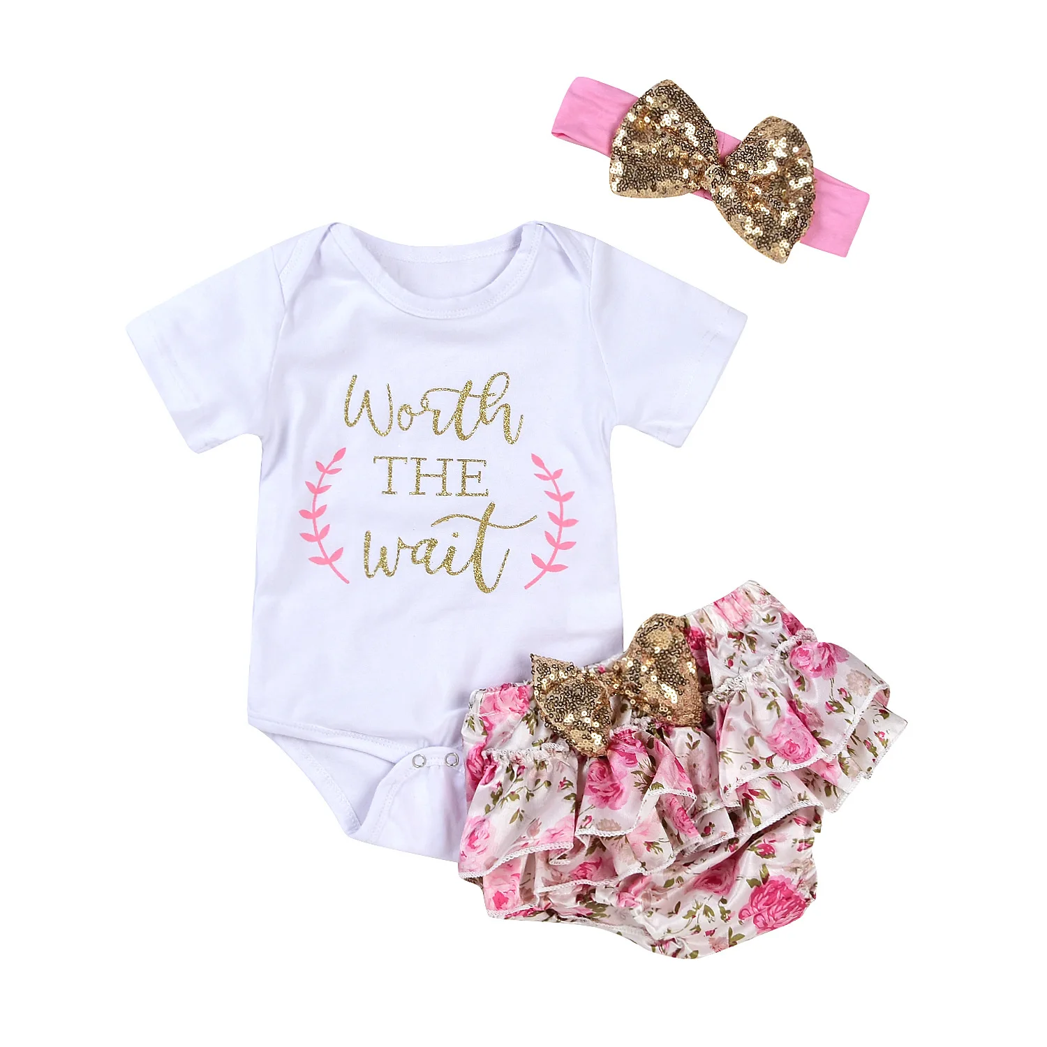 

Summer Girls Clothes Romper Set Baby Child Short Sleeve Floral Pants Hair Band 3 Piece Set, White