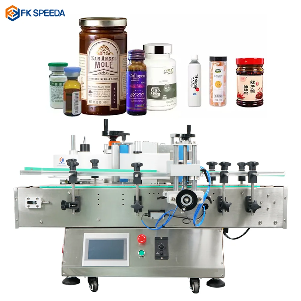 

Positioning 3 roller automatic tabletop label applicator round CBD essential oil tube glass jar bottle sticker labeling machine