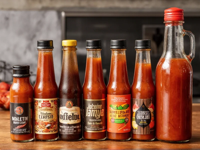 Various barbecue sauce ingredient bottles on wooden table