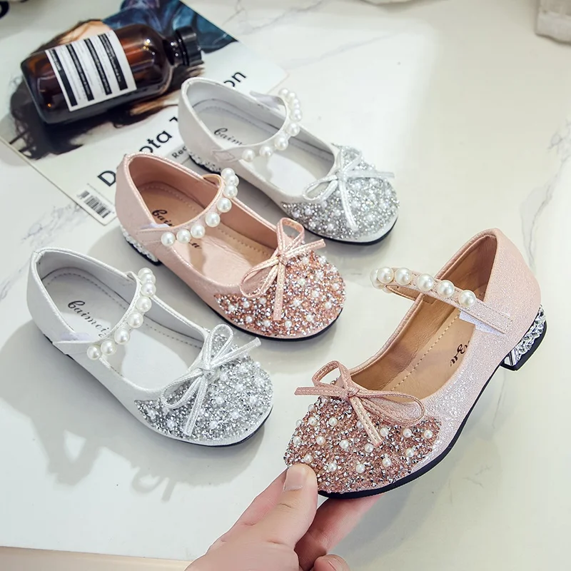 

Spring Girls Shoes Bead Mary Janes Flats Fling Princess pearl Glitter Shoes Baby Dance Flat Kids Sandals Children Wedding Shoes, Silver pink