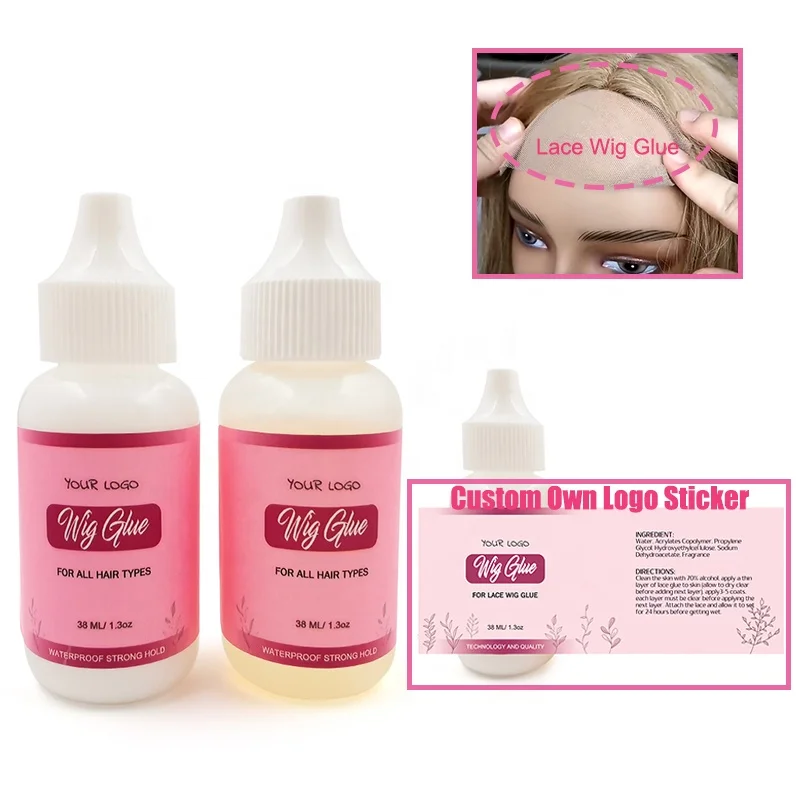 

Custom logo adhesive front invisible bonding waterproof lace glue private label strong hold lace wig glue, White, clear