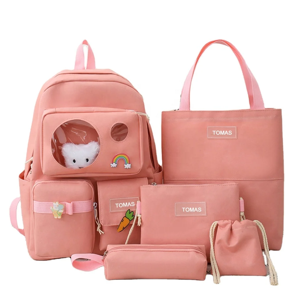 

2021 New Design Nylon School Bags For Girls 5 Pcs Set Backpack Women College Backpack Waterproof Leisure Bag
