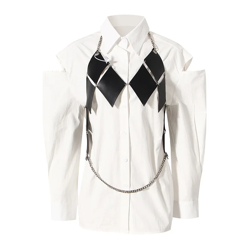 

Spring 2022 the new arrivals dark diamond leather chain waistcoat two piece set out off shoulder sleeve blouse shirt for women