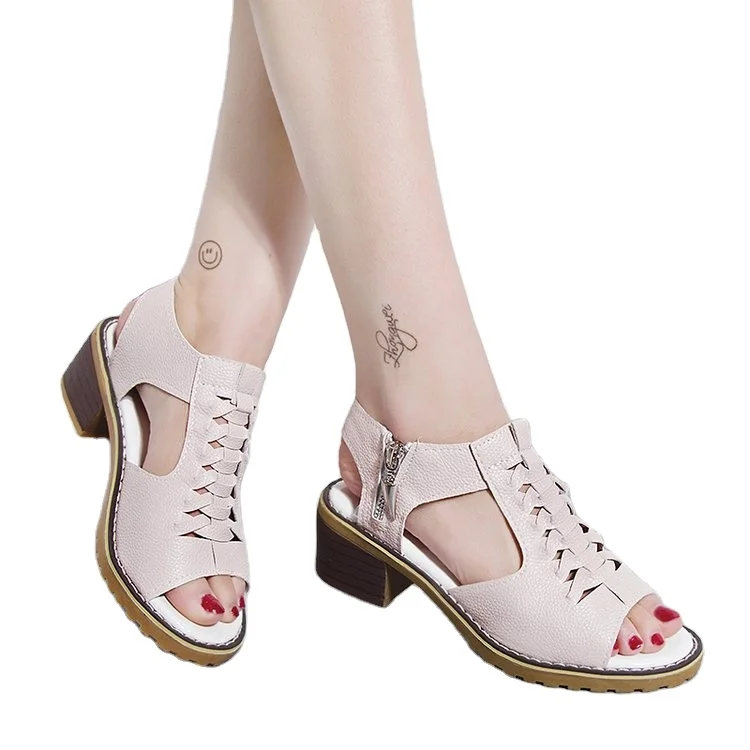 

Dropshipping Retro Ladies Outdoor Sandals Solid Color Fish Mouth Open Toe Square Heel Hollow Zipper Women Sandals 2021