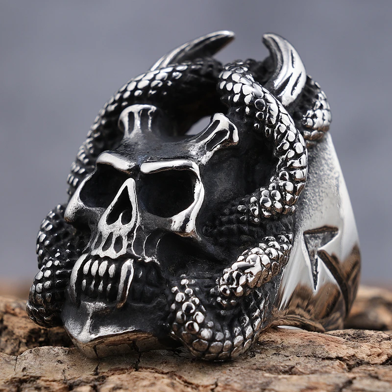 

New Arrival Wholesale mens stainless steel chunky heavy gothic punk biker jewelry rings silver snake vampire skull ring for men