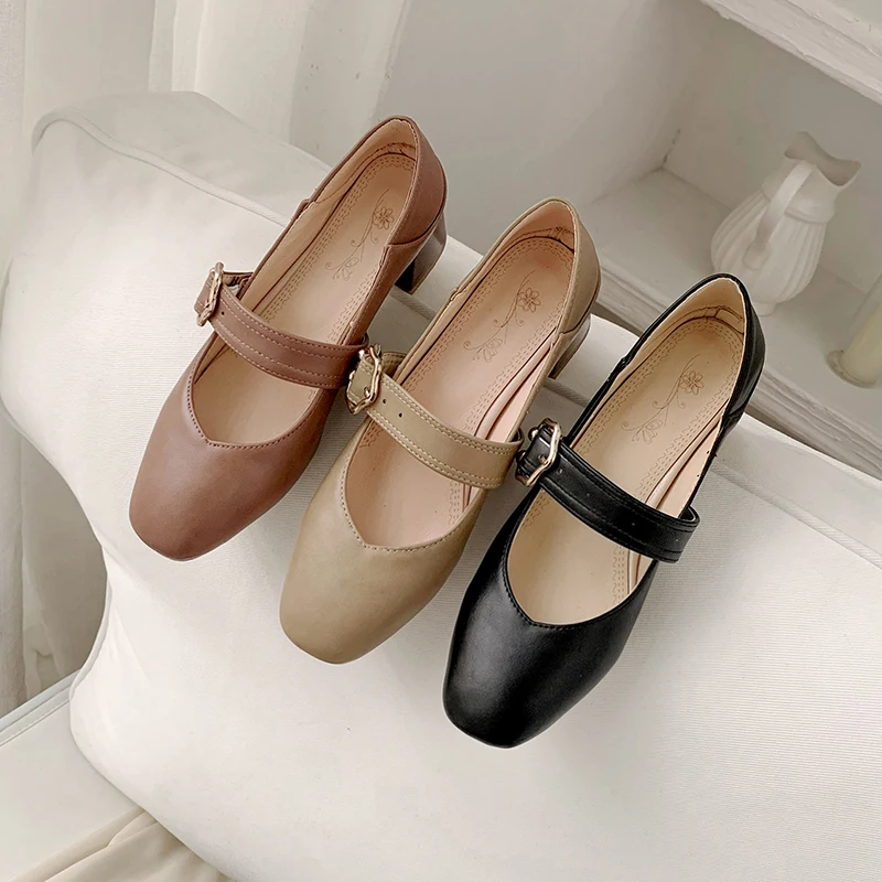 

New Square Head Solid Color Leisure Dress Thick Heel Single Shoes for Ladies, Black,pink,apricot