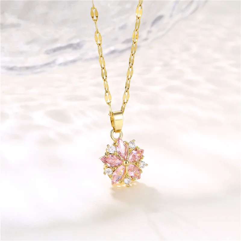 

Korean Style Real Gold Plated Pink Crystal Rhinestone Flower Pendant Necklaces Pink Diamond Cherry Blossom Necklaces