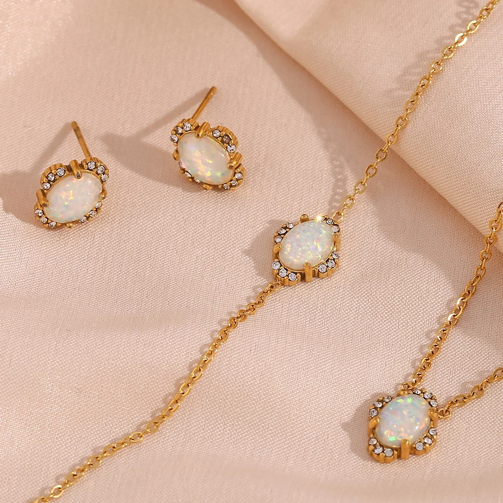 2023 New Arrivals White Opal Jewelry Set 18K Gold Plated Stainless Steel Wedding Jewelry Sets collier en acier inoxydable