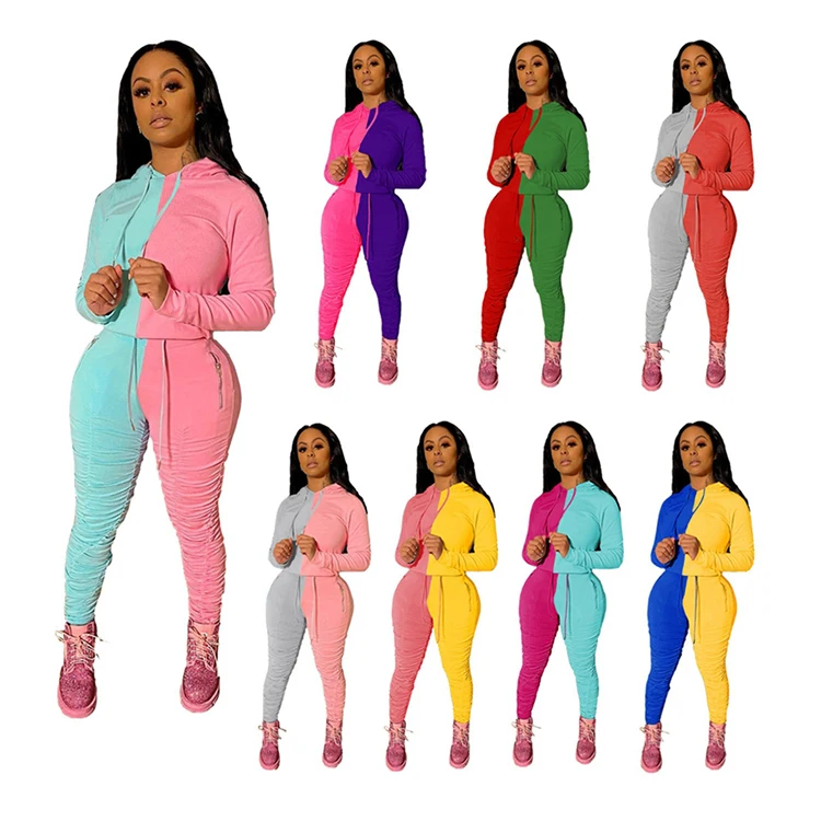 

High quality 2021 spring women sport two piece set long sleeve double color women stacked pants two piece set