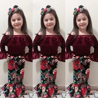 

Fall Girl Clothing 3 pcs Children Girl Garment Flared Long Sleeve Dark Red Velvet Off Shoulder Shirt +Floral Bell-Bottom Pants