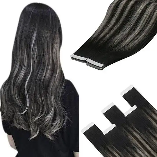 

Full Shine Hot Sale High Quality Silky Straight Human Hair Extensions Natural Black Mix Silver Tape in Extension Remy Hair 50g