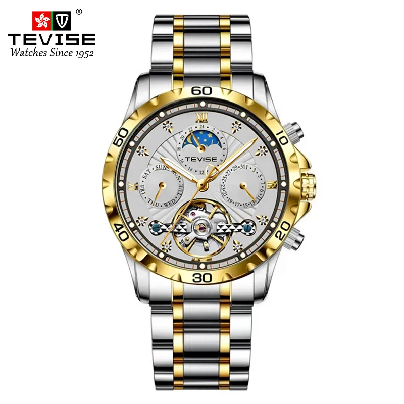 

TEVISE 2023 Chronograph Multi-function Month Week Display mens stainless steel wristwatch