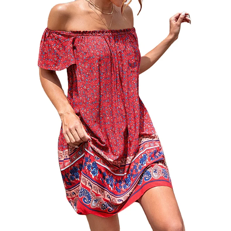 

Women hot off-shoulder bohemian holiday one-line collar short-sleeved floral printed dress