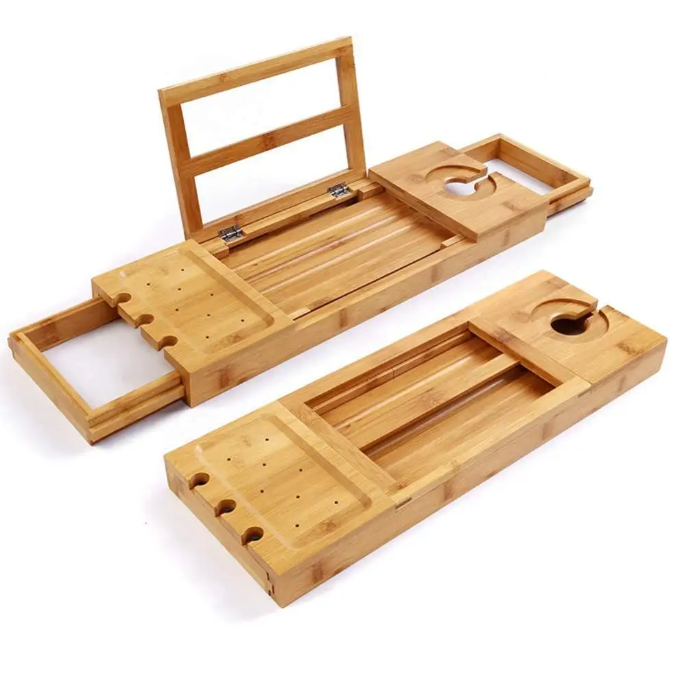 

New design expandable Bath tub caddy with Wine Candle & Book Holder Bath tub Rack,natural wooden bathtub tray