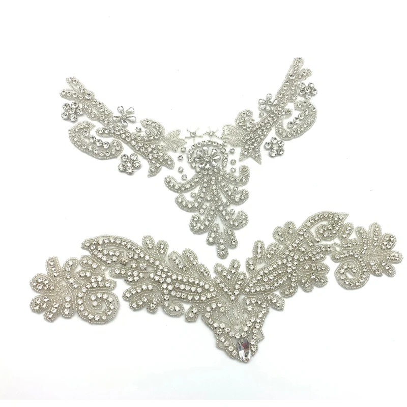 

Handmade V neck Clear Crystal Applique Patch Bridal Dress Decoration Iron on Silver Wedding Rhinestone Applique, Silver,rose gold and gold, customization