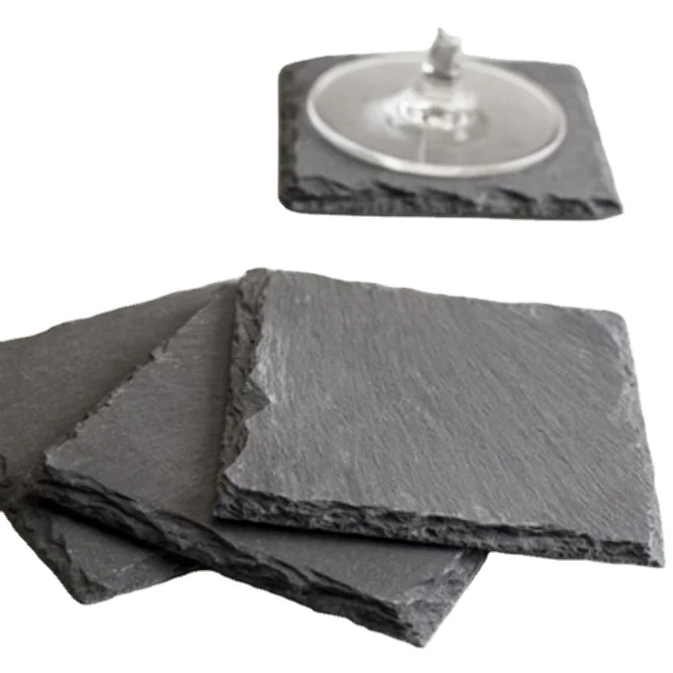 

Simple eco-friendly brown packing vintage dark grey slate square coaster with natural stone veins & EVA pads on back