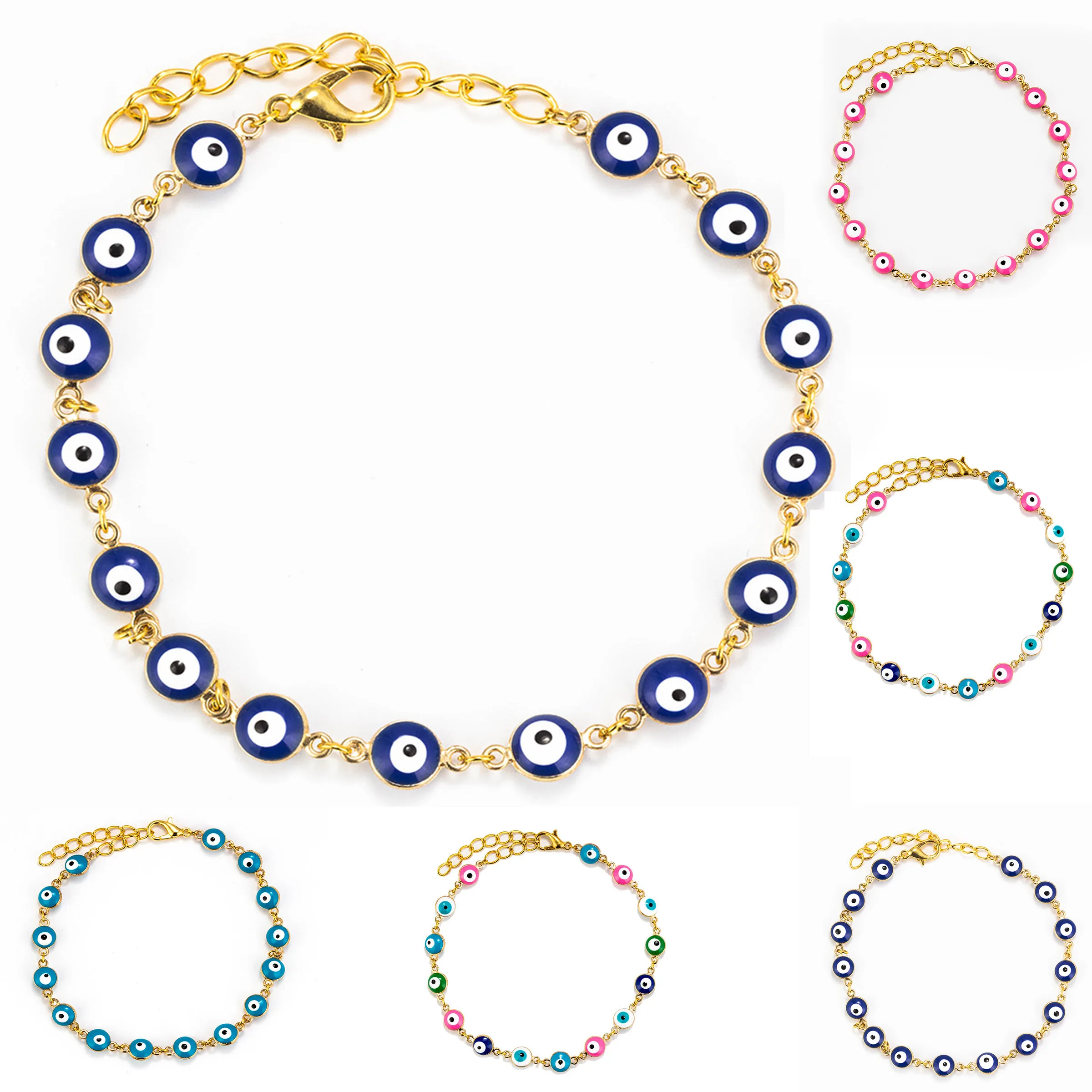 

2021 Hot sale Adjustable Link Chain Colorful Beaded Bracelet Anklet Oil Dripping Evils Eye Beads Bracelets For Women Men Jewelry, Gold