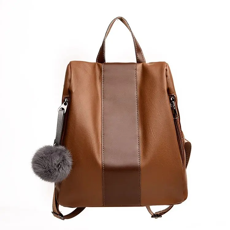 

Fashion Student Elegant Soft Leather Back Pack Purse Trendy PU Women Backpack With Hairball