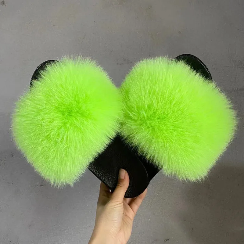 

women flat slipper real fox raccoon fur sliders slippers shoe sandalen, Customized color