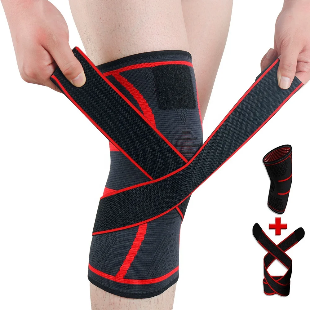 

Multifunction Portable Running Fitness Protector Support Pads Compression Knee Sleeve with Adjustable Straps, Black,red