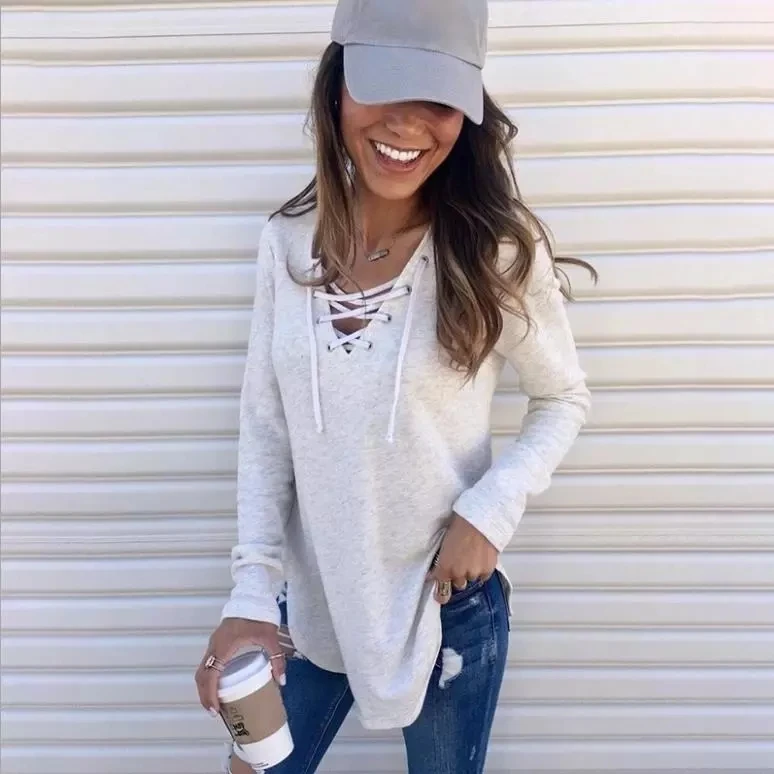 

2021 Amazon Women Long Sleeve T-shirts Autumn Winter Sexy Deep V Neck Bandage Shirts Women Lace Up Tops Ladies' Blouses & Tops