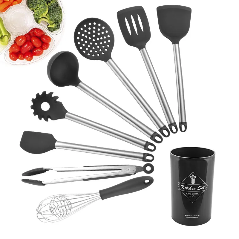 

Wholesale 8 Pcs Serving Reusable Household Cooking Tool Silicon Heat Resistant Stainless Steel Kitchen Utensils Set, Black ,red