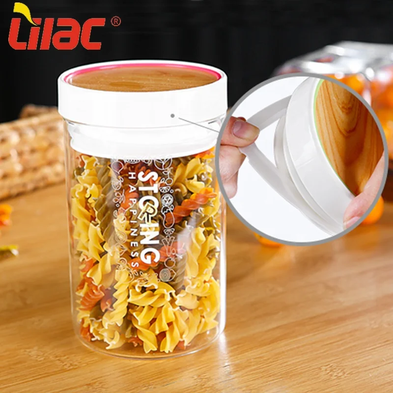 

Lilac FREE Sample 850ml/1450ml luxury stack collapsible storage high borosilicate glass container rice/food jar with wood lid