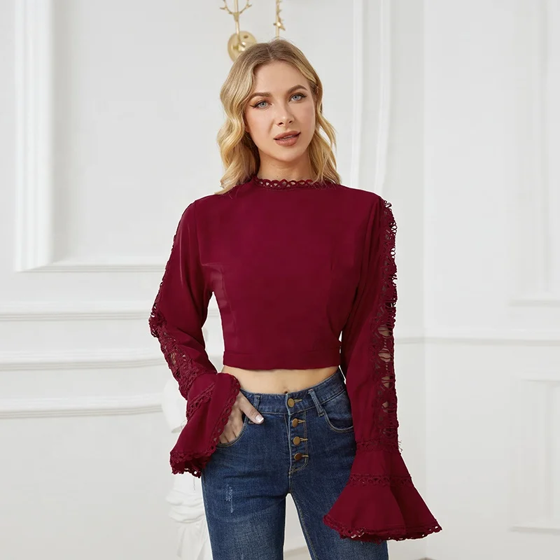 

YF007 Women's stand-up collar lace fashion slim long-sleeved T-shirt women's high street casual wear, Customized color