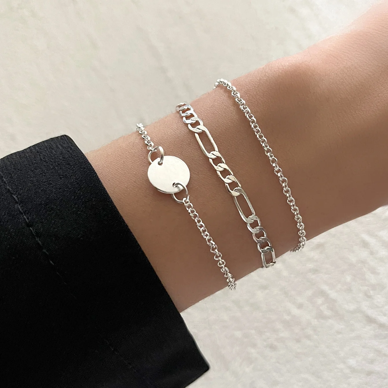 

Sindlan 3Pcs Vintage Silver Color Chain Charm Bangle Bracelet Women Simple Boho Geometric Bracelets Women Jewelry, Sliver color