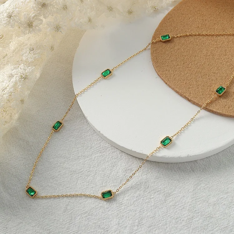 

Dainty 18k stainless steel green rectangle chokers zircon fashion necklaces gold chain necklace collar de acero inoxidable