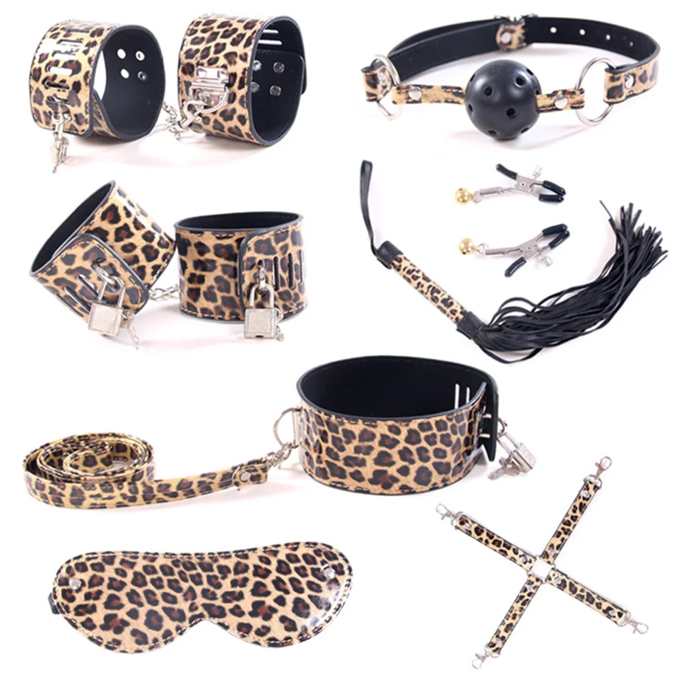 

BDSM For Couples Fetish Roleplay Leopard Print Bondage Handcuffs Whip Collar Gag 18+ Restraint Set