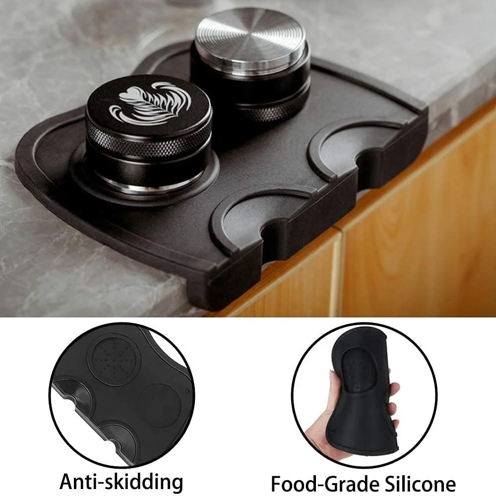

Black Color Silicone Anti-Slip Espresso Coffee Tamper Mat 51 mm Coffee Tampering Corner Pad