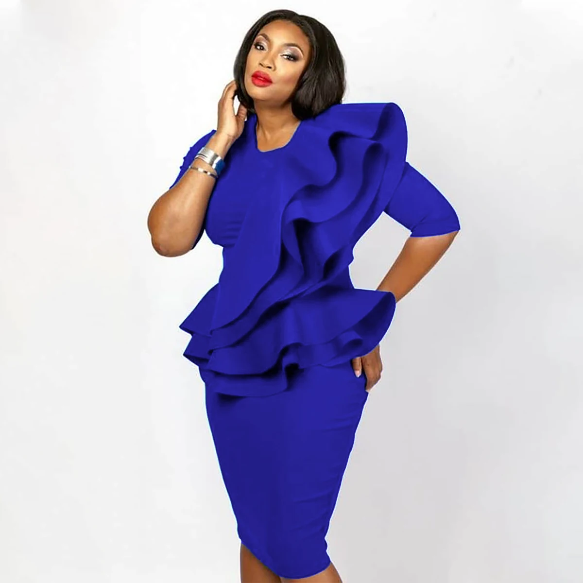 

Blue O Neck Bodycon Classy African Clothing Ruffles Women Prom Dresses