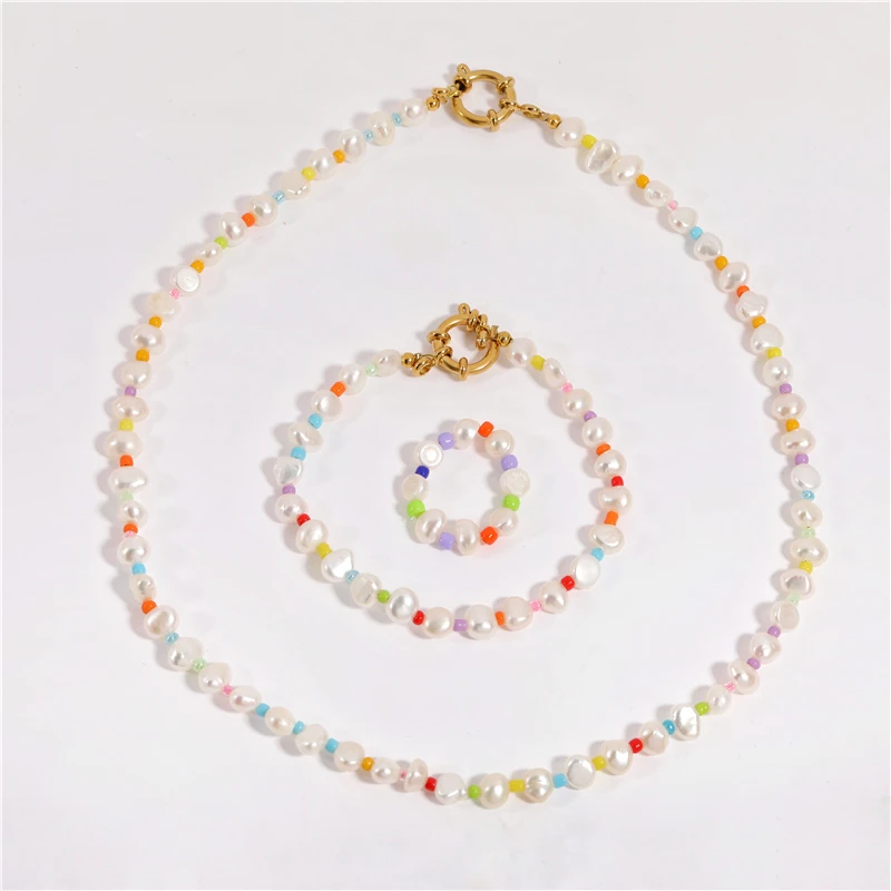 Tarnish Free  Summer Holiday Pvd Colorful  Glaze Bead Natural Pearl Choker Necklace Bracelet Earring 3pcs Jewelry Set