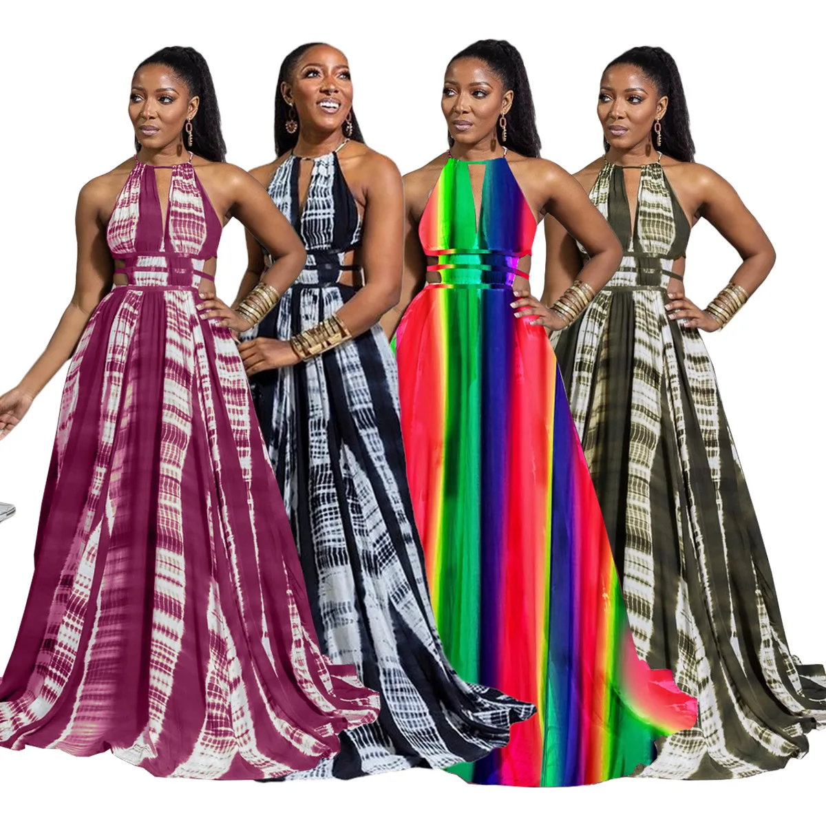 

Summer 2021 Fashion Waist Cut Out Tie Dye Maxi Dresses Women Sleeveless Casual Dress With Halter Neck Boho Dress, Red wine,dark green,rainbow colors,black
