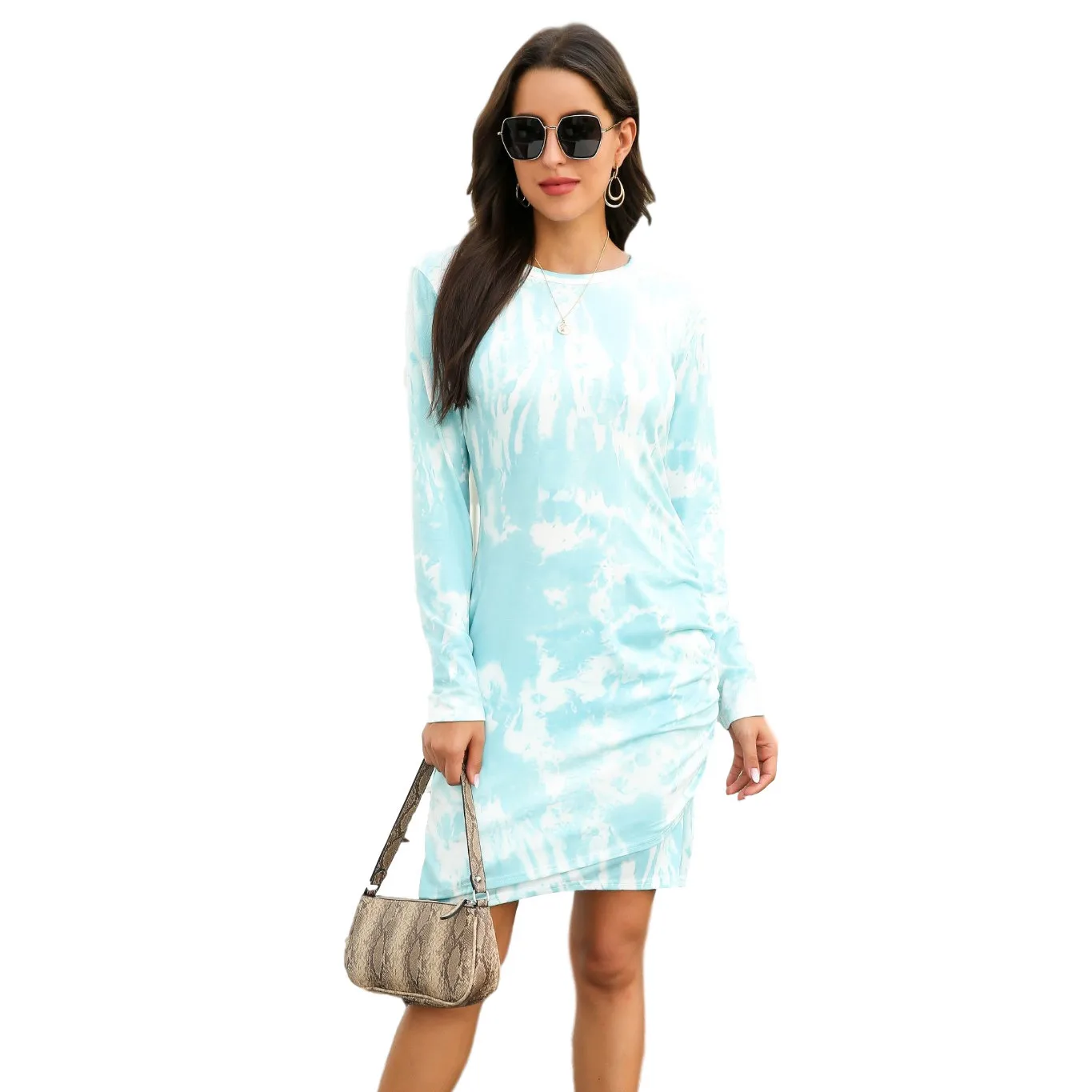 

2021 autumn and winter new best-selling tie dyed long sleeve dress casual o neck sweater dress women clothing