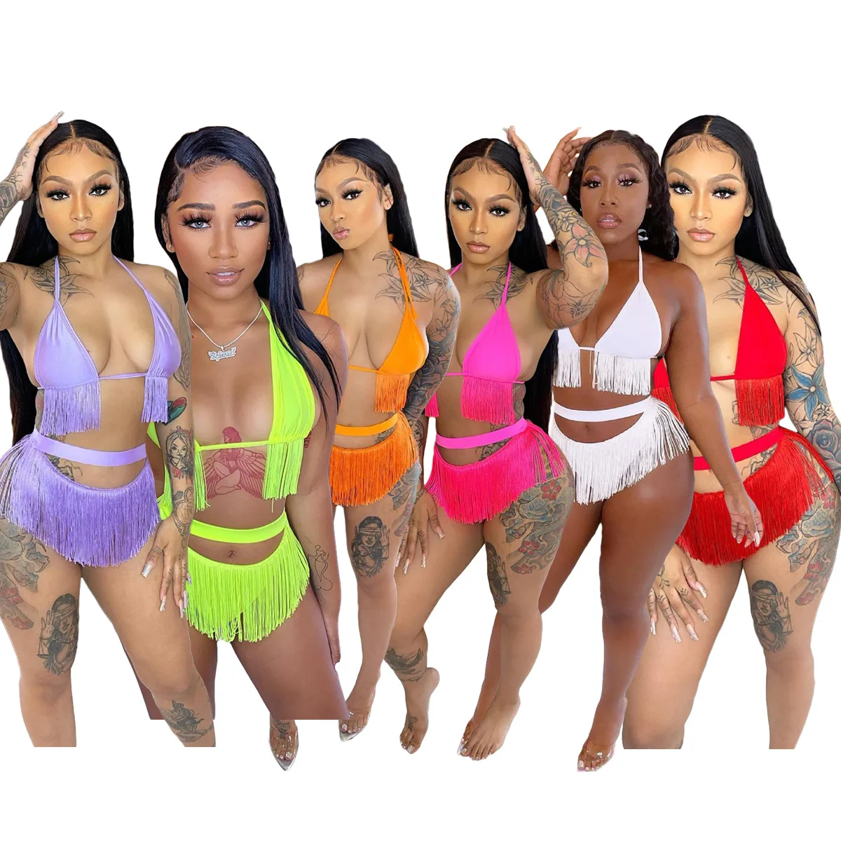 

B36192A 2021 Summer sexy mature women sheer tassel 2 pcs bikini swimwear, Picture