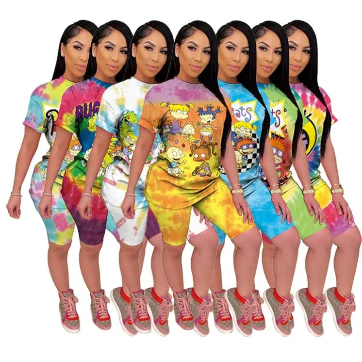 

Fashion 2021 Summer cartoon print tie dye sportswear Sexy 2 Pcs Track Suit Outfits Two Piece Shorts Set Women Clothing